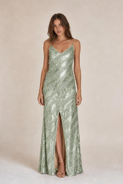 Model wearing Sage Green sequined maxi dress