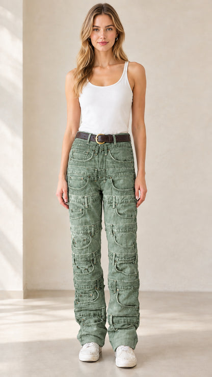 Front full-length view of model wearing sage green multi-pocket tiered straight leg jeans