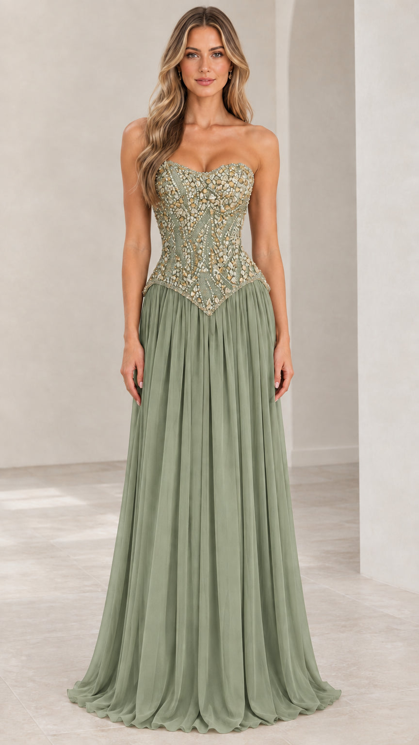Front view of sage green strapless beaded corset basque waist evening gown