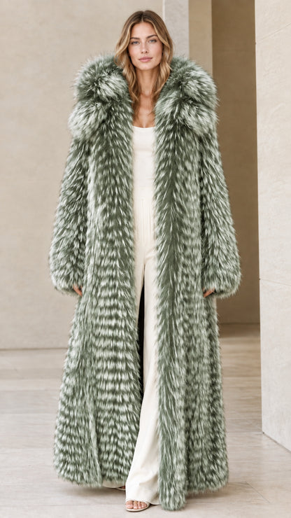 Front view of woman wearing sage green full-length hooded faux fur coat