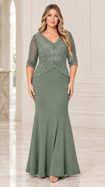 Sage green beaded sequin formal evening dress front view