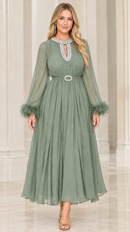 Sage green pleated long sleeve chiffon maxi gown with crystal trim