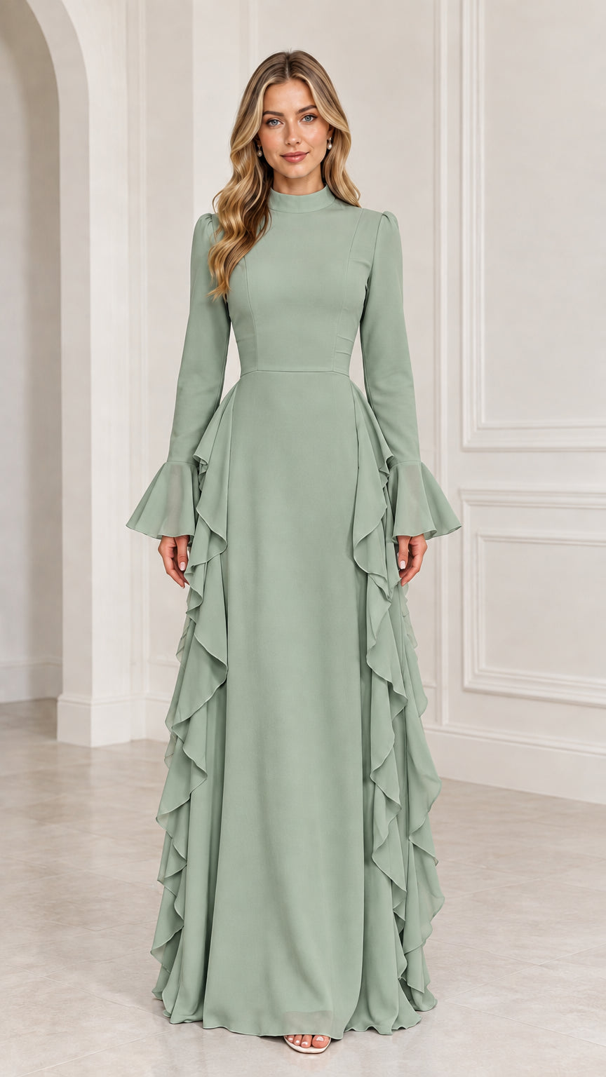 Front view of woman wearing Sage Green formal maxi dress with flared sleeves