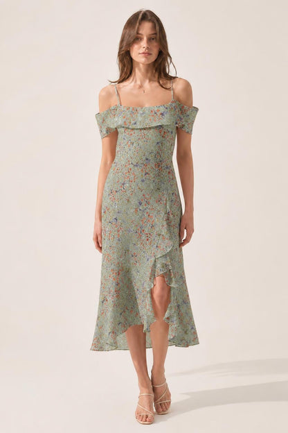 Front view of sage floral off-shoulder midi dress