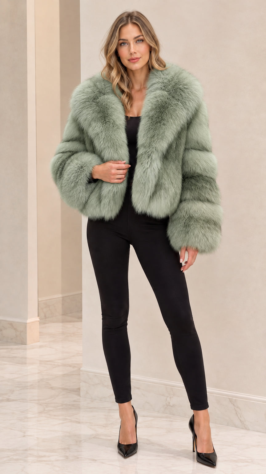 Front full view of woman wearing Sage Green cropped faux fur jacket