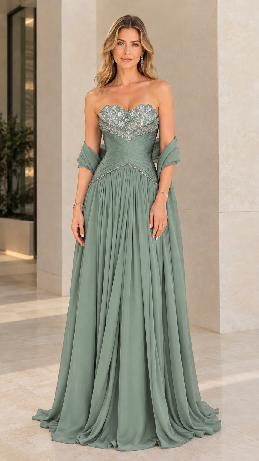 Front view of model wearing Sage Green strapless beaded evening gown with matching wrap