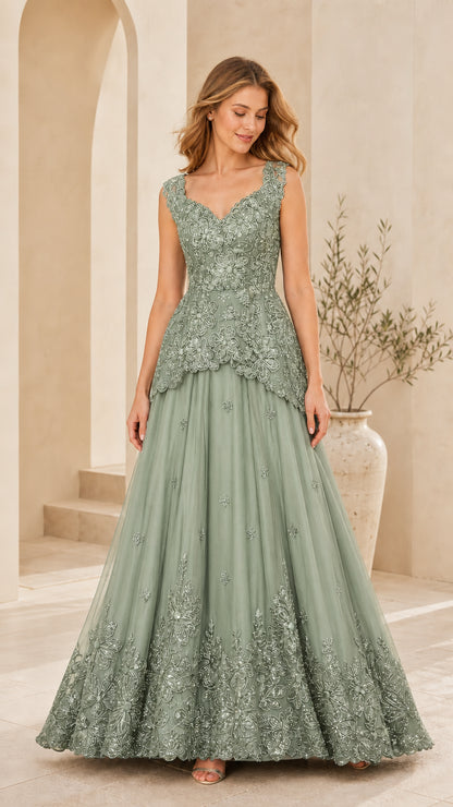 Front view of model wearing Sage Green embroidered peplum gala gown