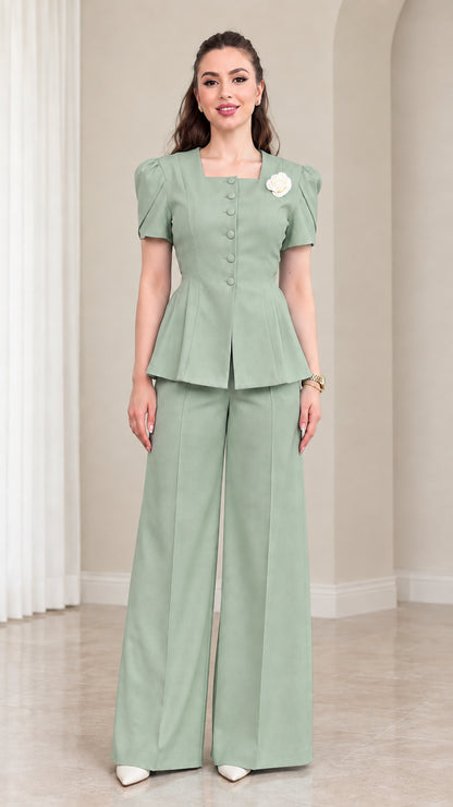 Model wearing Sage Green elegant peplum top and wide leg pant suit