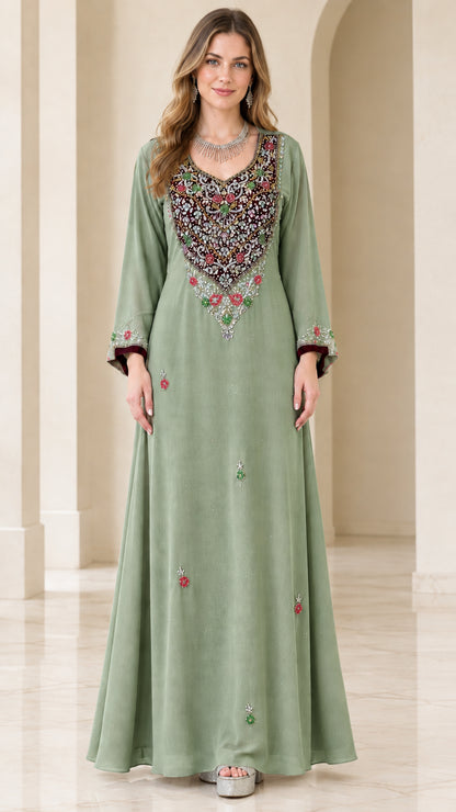 Front full view of sage green embroidered kaftan maxi dress