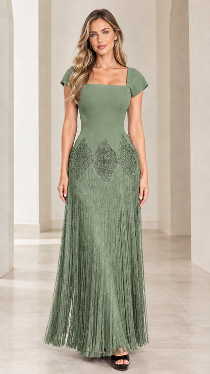 Sage green cap sleeve beaded fringe formal maxi dress