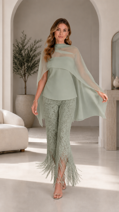 Sage green chiffon overlay top and lace fringe pants set front view