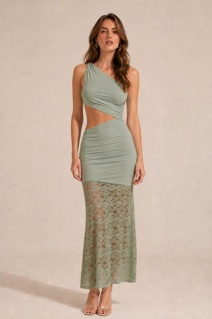 Front view of model wearing sage one-shoulder cutout lace maxi dress