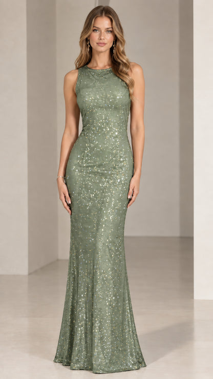 Sage green sleeveless glitter sequin mermaid maxi dress