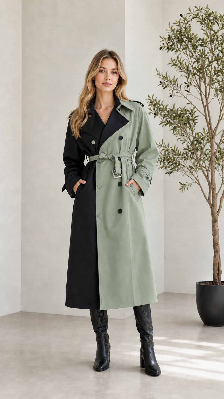 Woman wearing Black and Sage Green two-tone double-breasted long trench coat