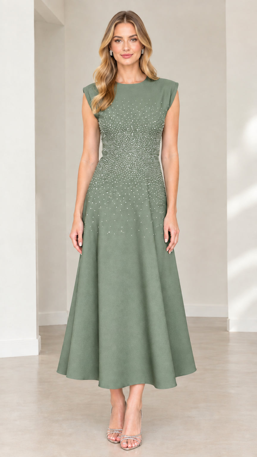 Front view of sage green cap sleeve rhinestone flare midi dress