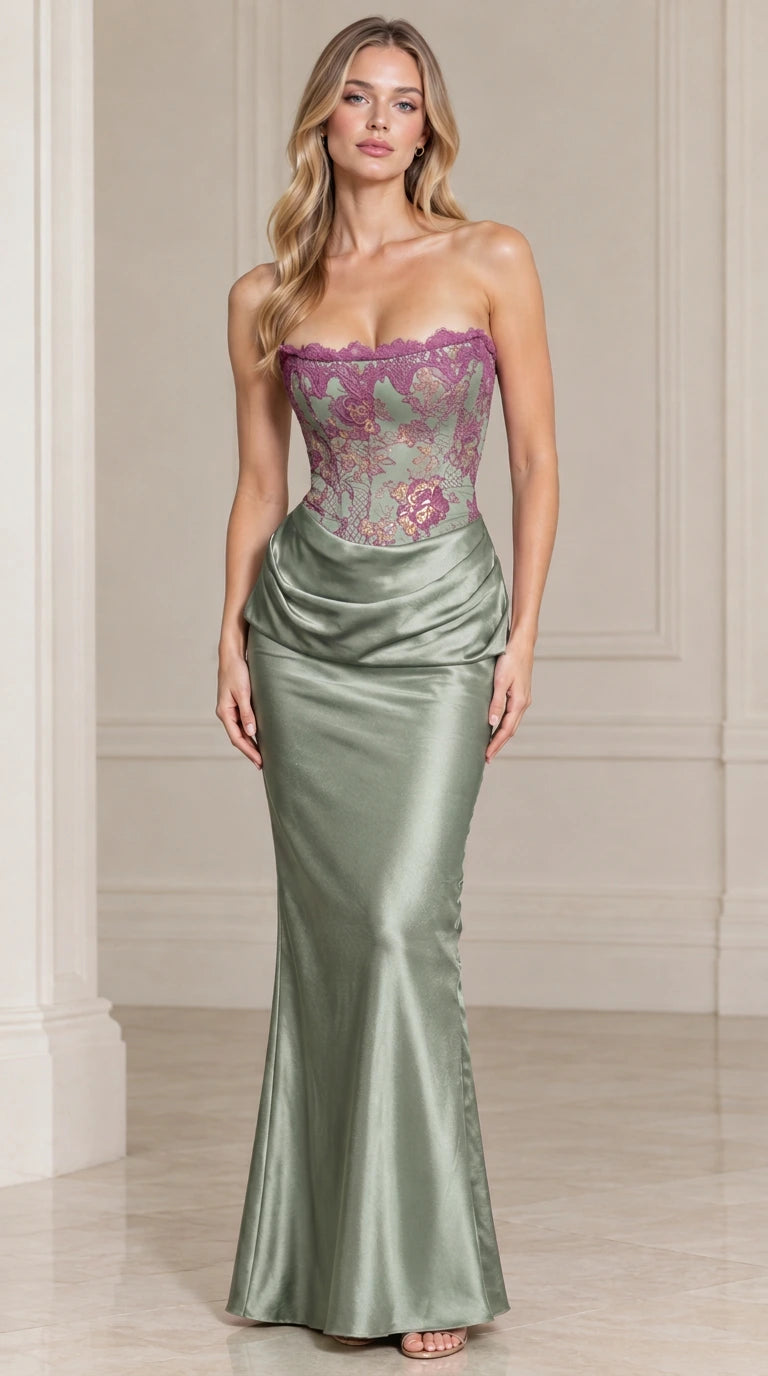 Sage green strapless embroidered bodice satin maxi evening dress
