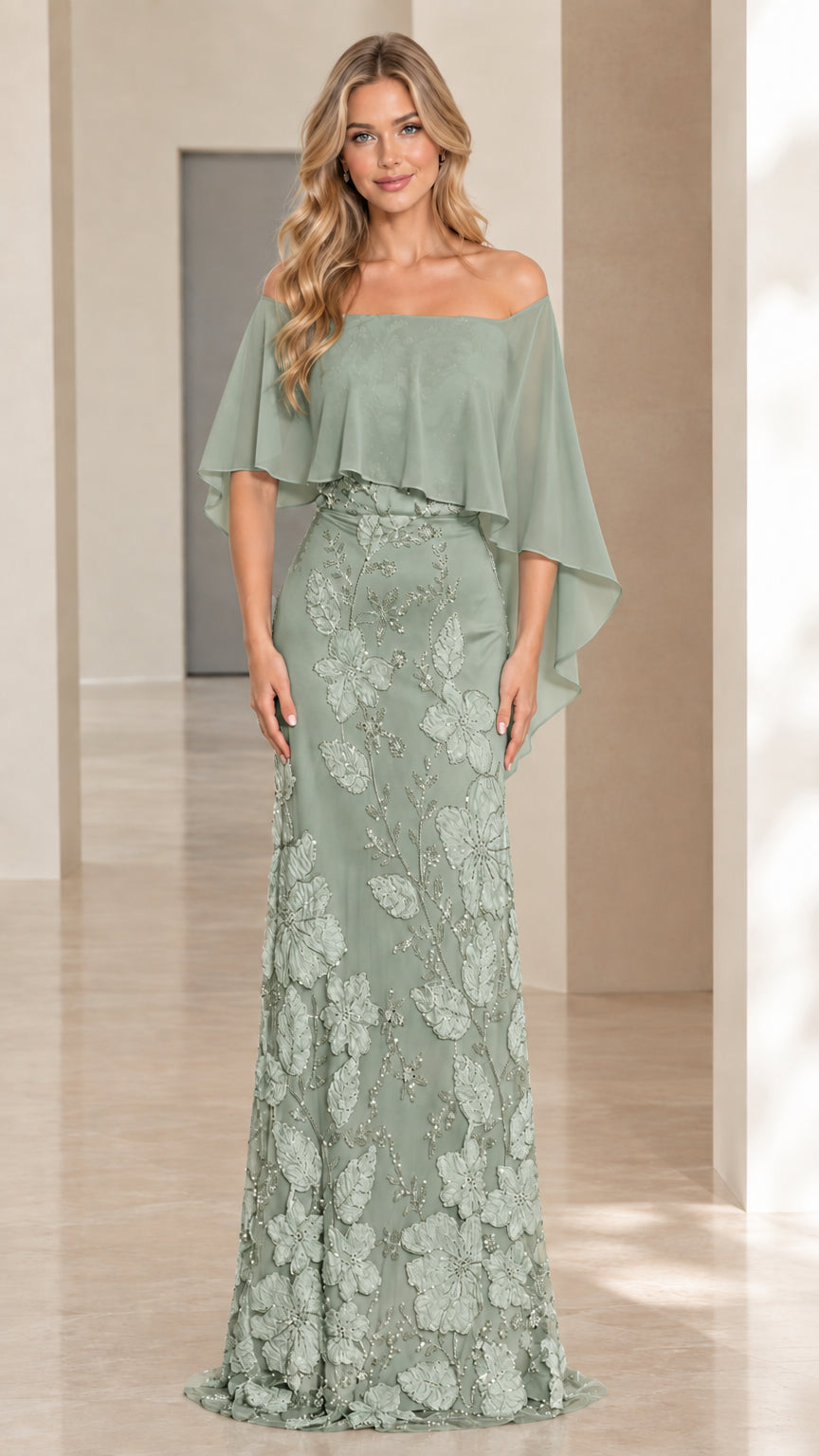 Sage Green capelet floral lace formal evening gown