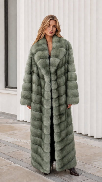 Front view of model wearing sage green full-length faux fur maxi coat