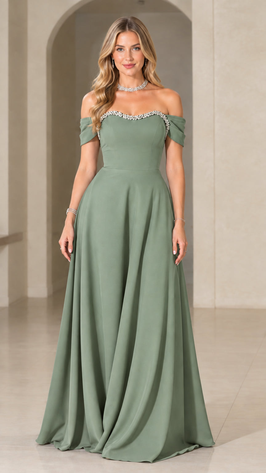 Sage green off-the-shoulder A-line evening dress with crystal neckline trim