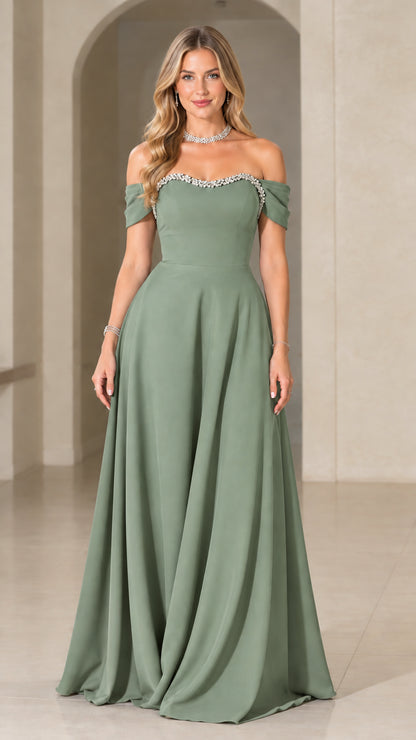 Sage green off-the-shoulder A-line evening dress with crystal neckline trim