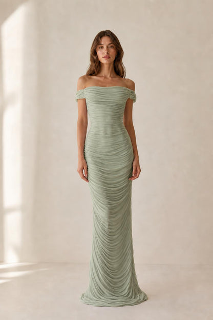 Front view of sage green off-the-shoulder ruched evening dress