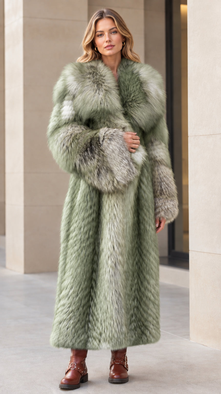 Front view of woman wearing sage green long faux fur coat