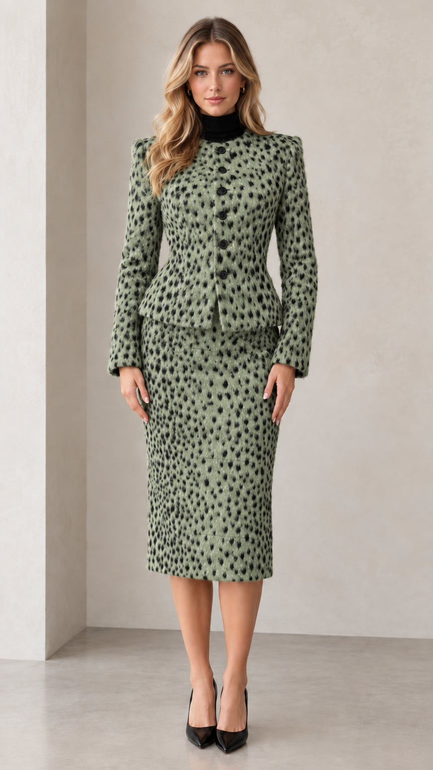 Front view of sage green speckled peplum blazer and midi skirt set