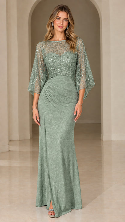 Sage green sequined ruched formal evening maxi dress on model