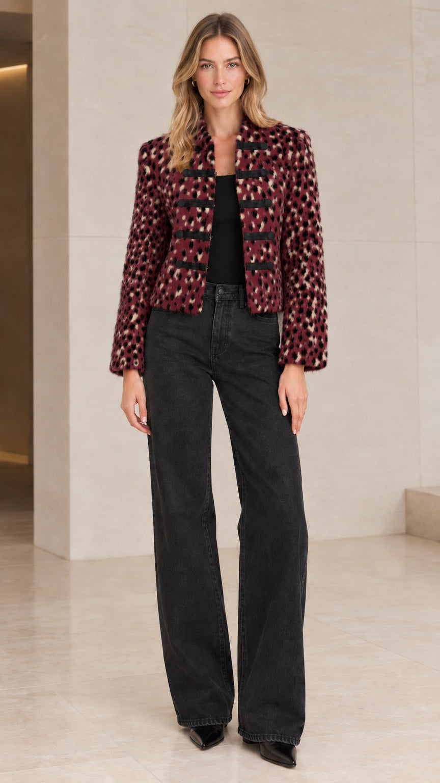 Model wearing Burgundy Leopard textured cropped military jacket