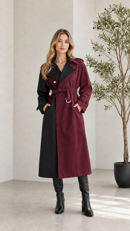 Woman wearing Black and Burgundy two-tone belted midi trench coat