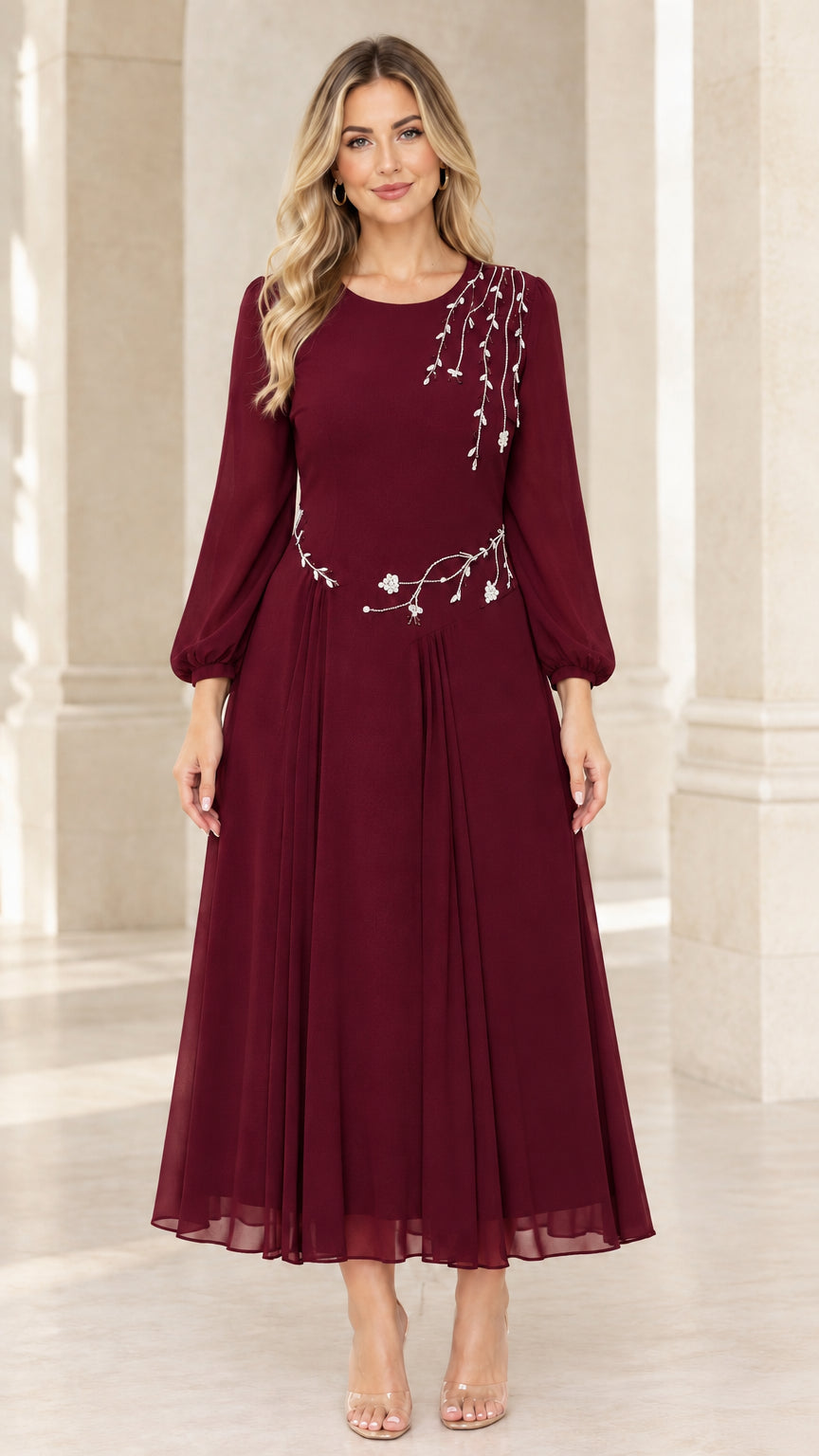 Burgundy wine red chiffon long sleeve evening dress with sparkling accents