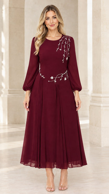 Burgundy wine red chiffon long sleeve evening dress with sparkling accents