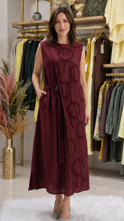 Women's wine sleeveless midi dress with textured circle detail and self-tie waist front view