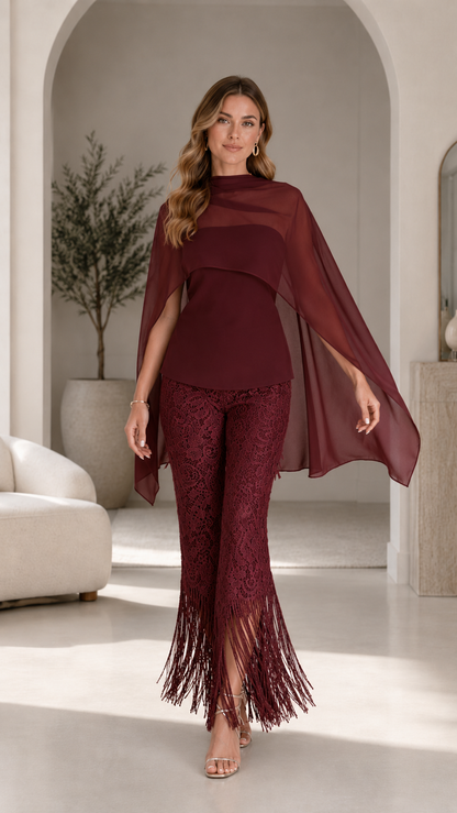 Burgundy formal cape top and textured fringe pants set front view