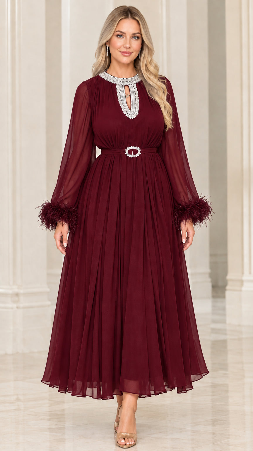 Burgundy wine red pleated evening maxi dress with feather-trimmed sleeves