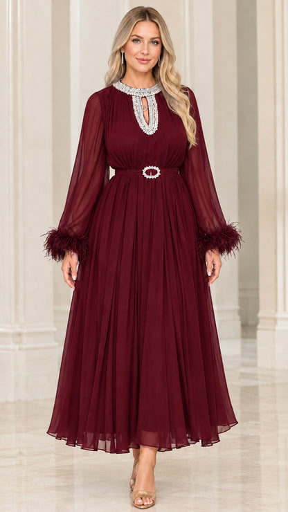 Burgundy wine red pleated evening maxi dress with feather-trimmed sleeves