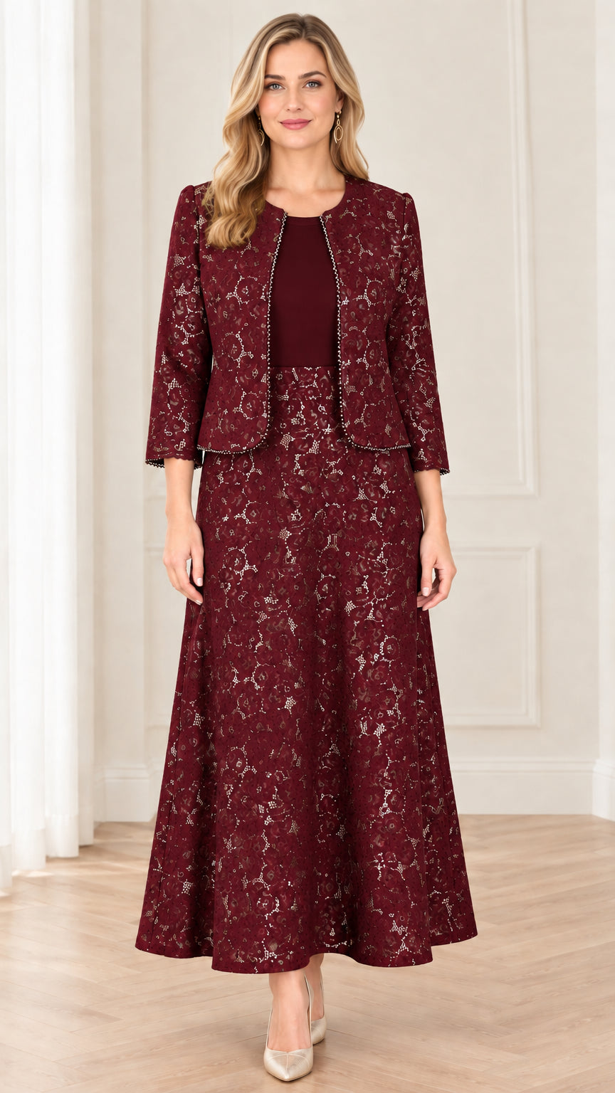 Front view of burgundy red floral lace two-piece maxi dress with beaded jacket
