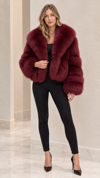 Front full view of woman wearing Burgundy Wine Red cropped faux fur jacket