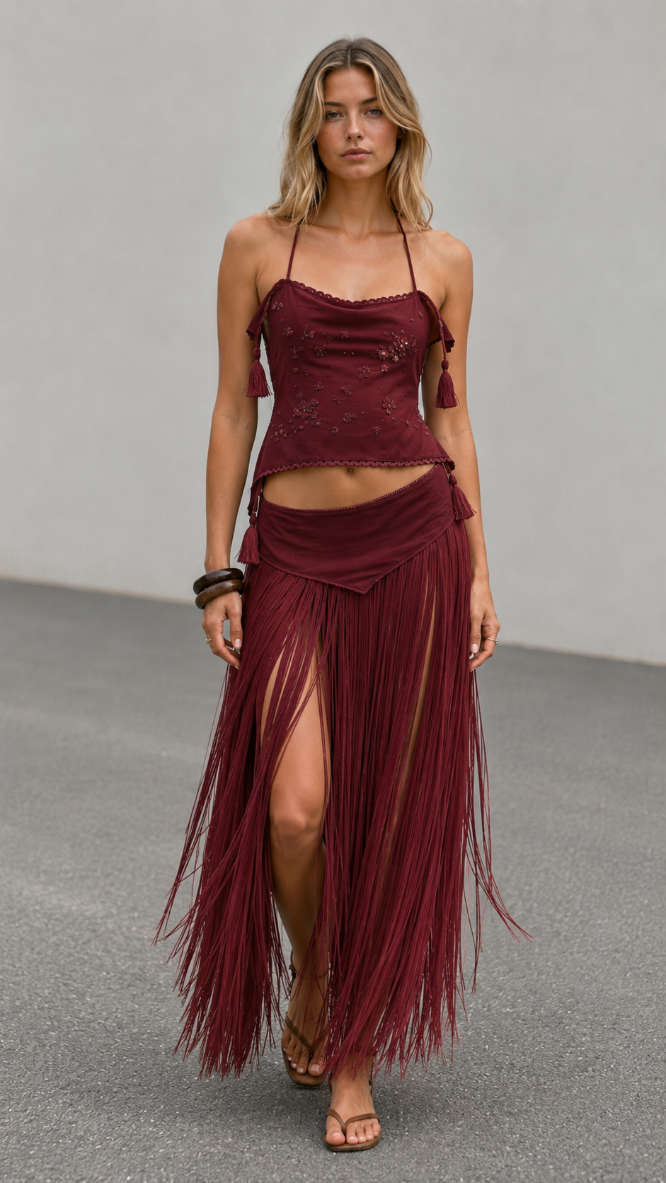 Front view of burgundy boho skirt set with flowing fringe and halter top