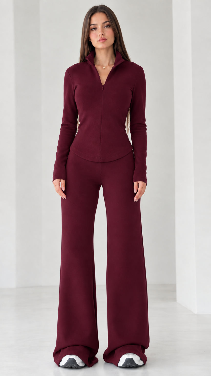 Women's burgundy red quarter-zip top and high-waisted wide-leg pants set