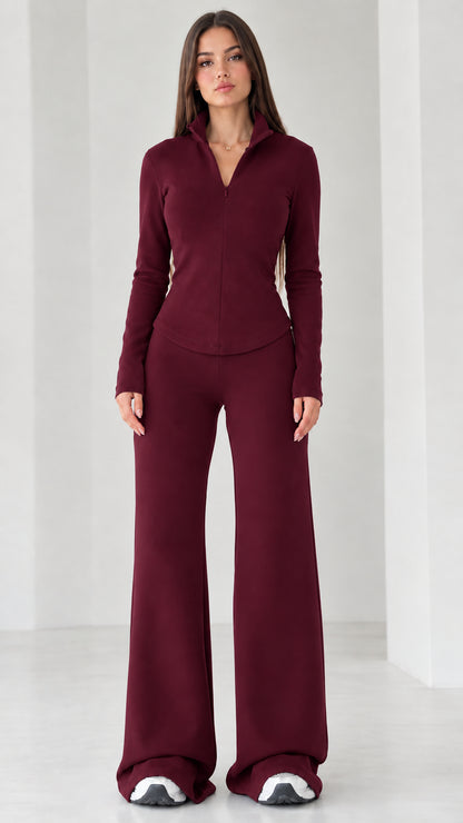 Women's burgundy red quarter-zip top and high-waisted wide-leg pants set