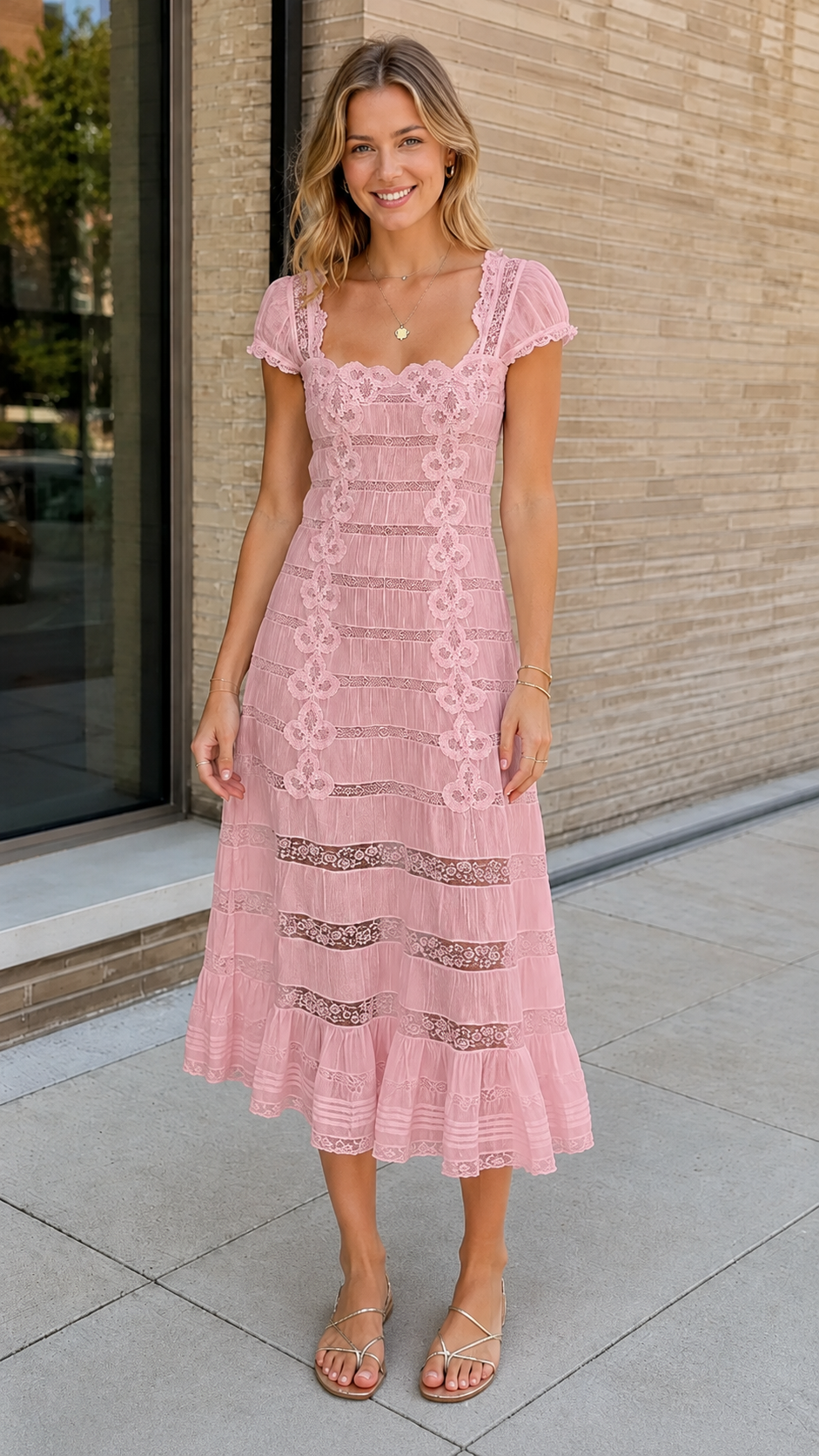 Front view of blush pink textured midi dress with scalloped neckline