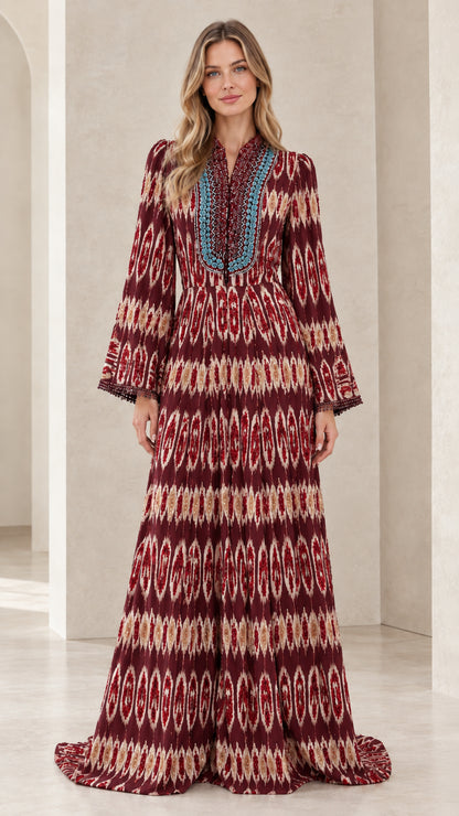 Full front view of burgundy wine red ikat print long sleeve maxi dress