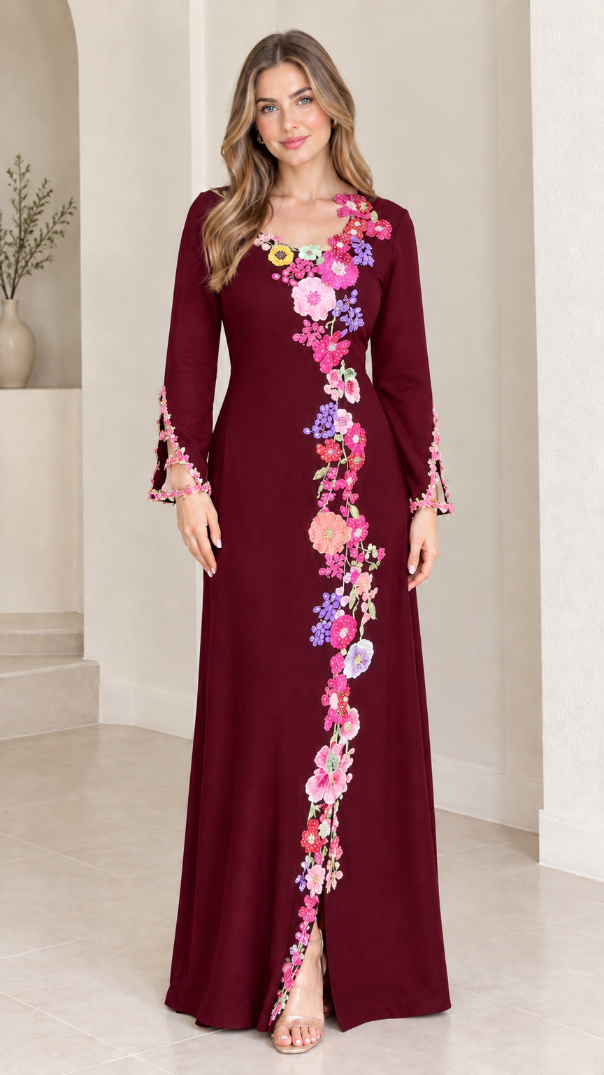 Burgundy long sleeve maxi evening dress with floral appliqué