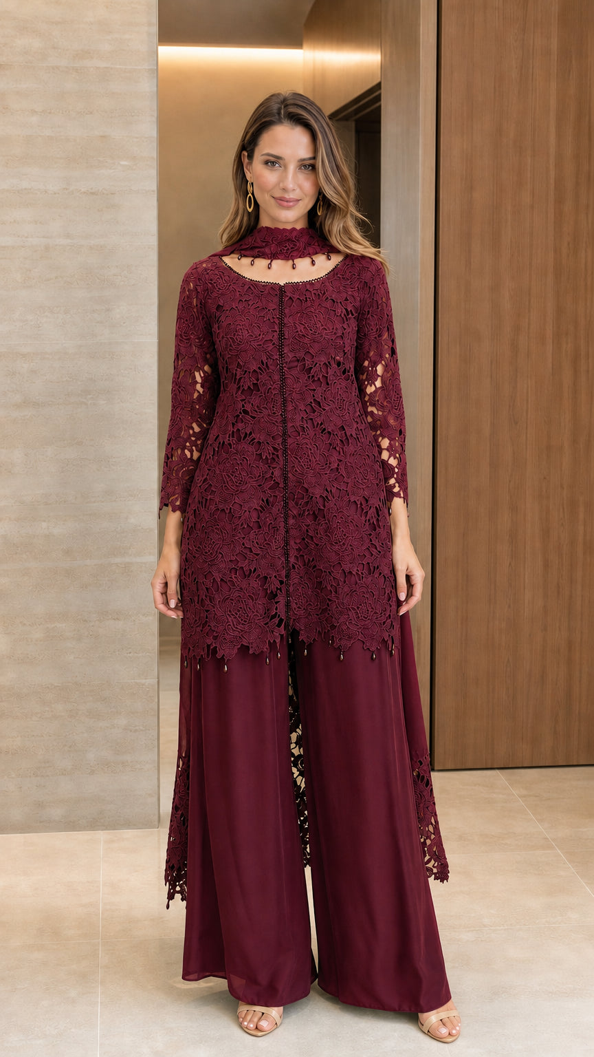 Front view of burgundy wine red floral lace tunic and wide-leg pant two-piece set