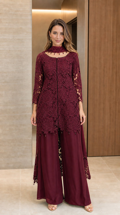 Front view of burgundy wine red floral lace tunic and wide-leg pant two-piece set