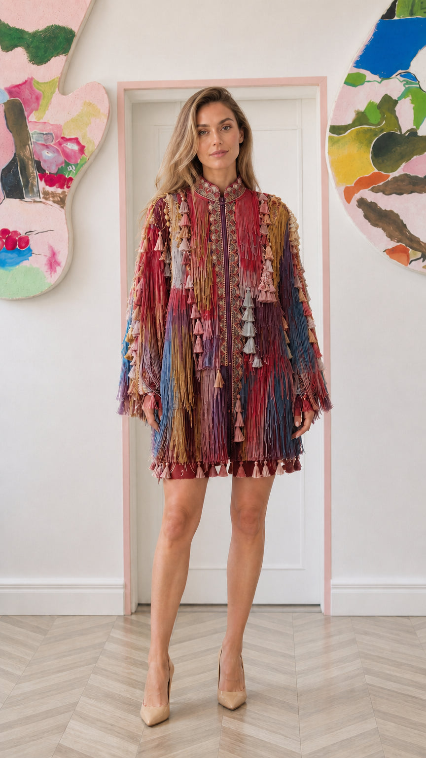 Model wearing berry burgundy multicolor fringe tassel zip mini dress
