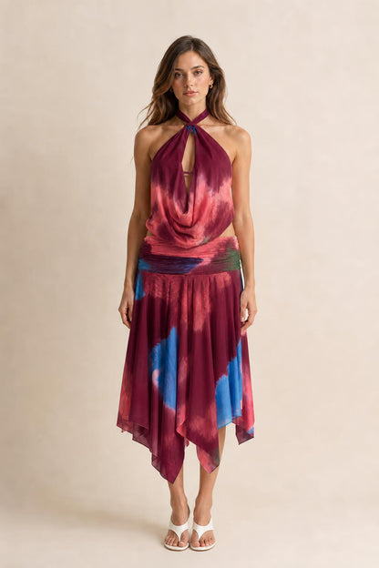 Front view of burgundy tie-dye color variant