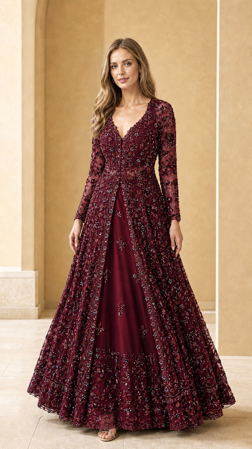 Burgundy wine red sequined A-line evening dress with V-neckline