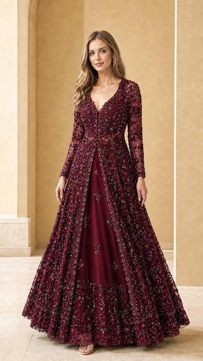 Burgundy wine red sequined A-line evening dress with V-neckline